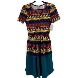 Lularoe Amelia Dress Pleats Hidden Pockets Geometric Abstract Bright XS NEW